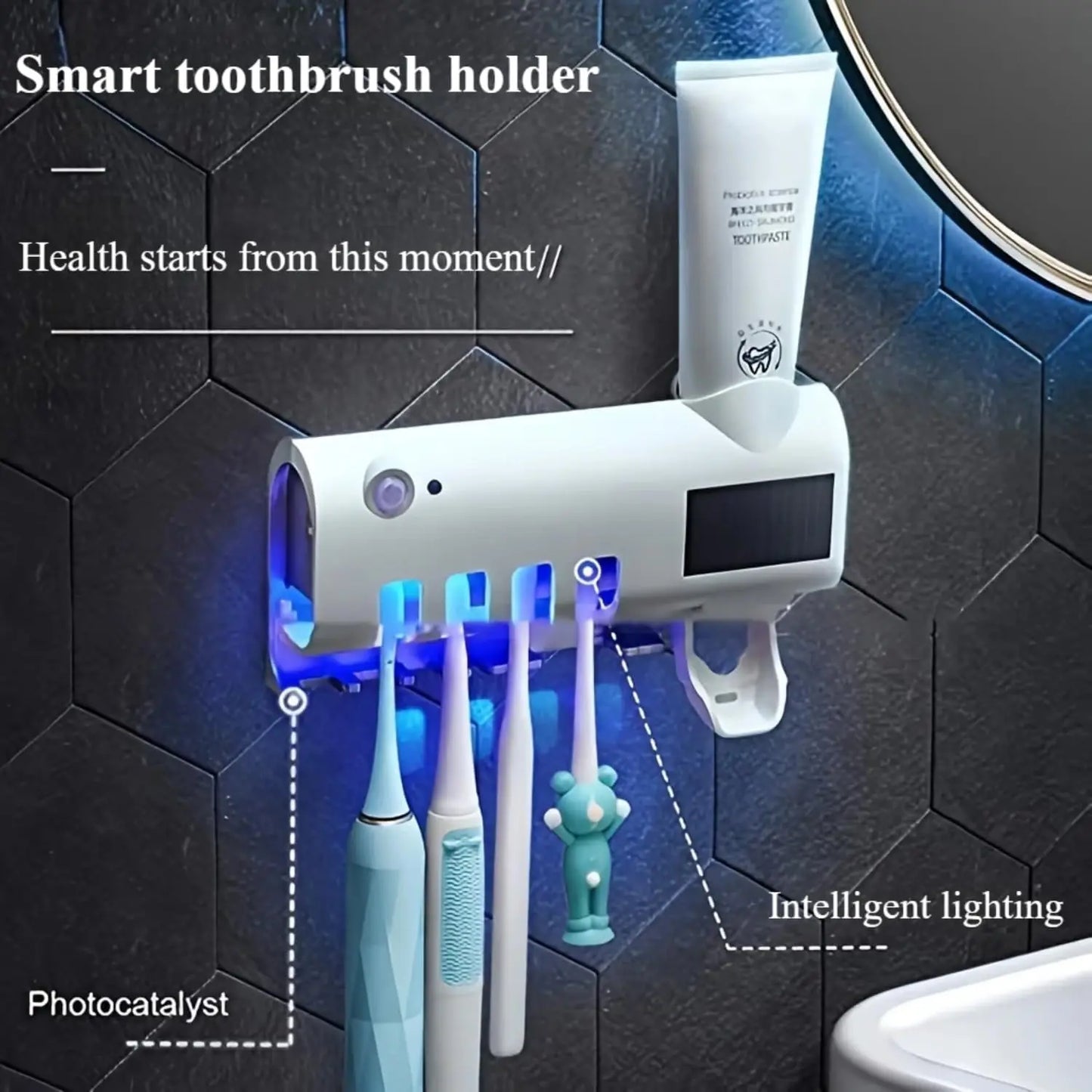 Wall mounted toothpaste dispenser with 4 toothbrush slots