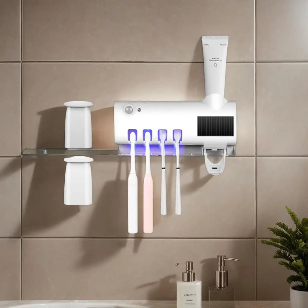 Wall mounted toothpaste dispenser with 4 toothbrush slots