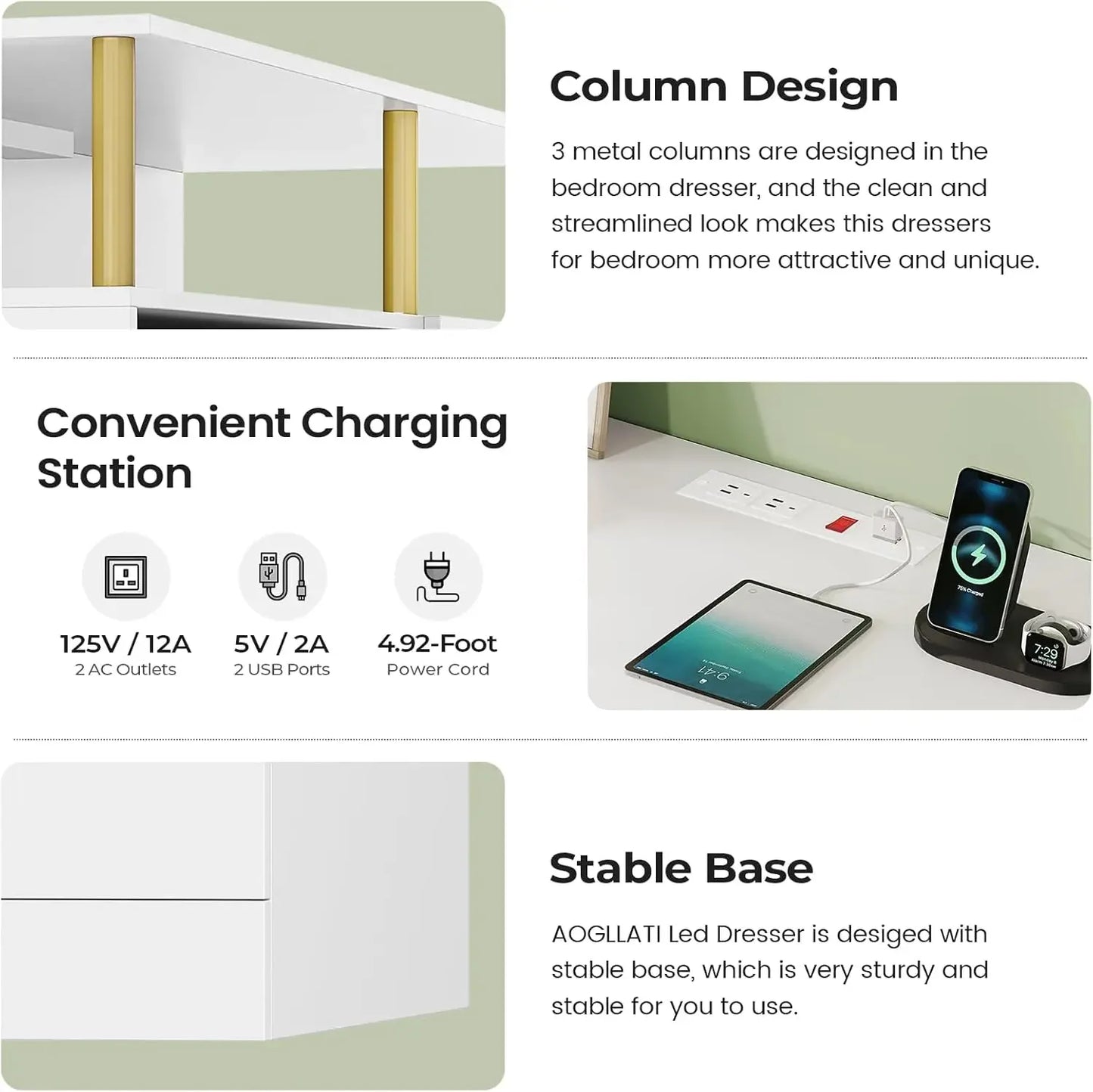 Dresser for Bedroom with charging station plus led light