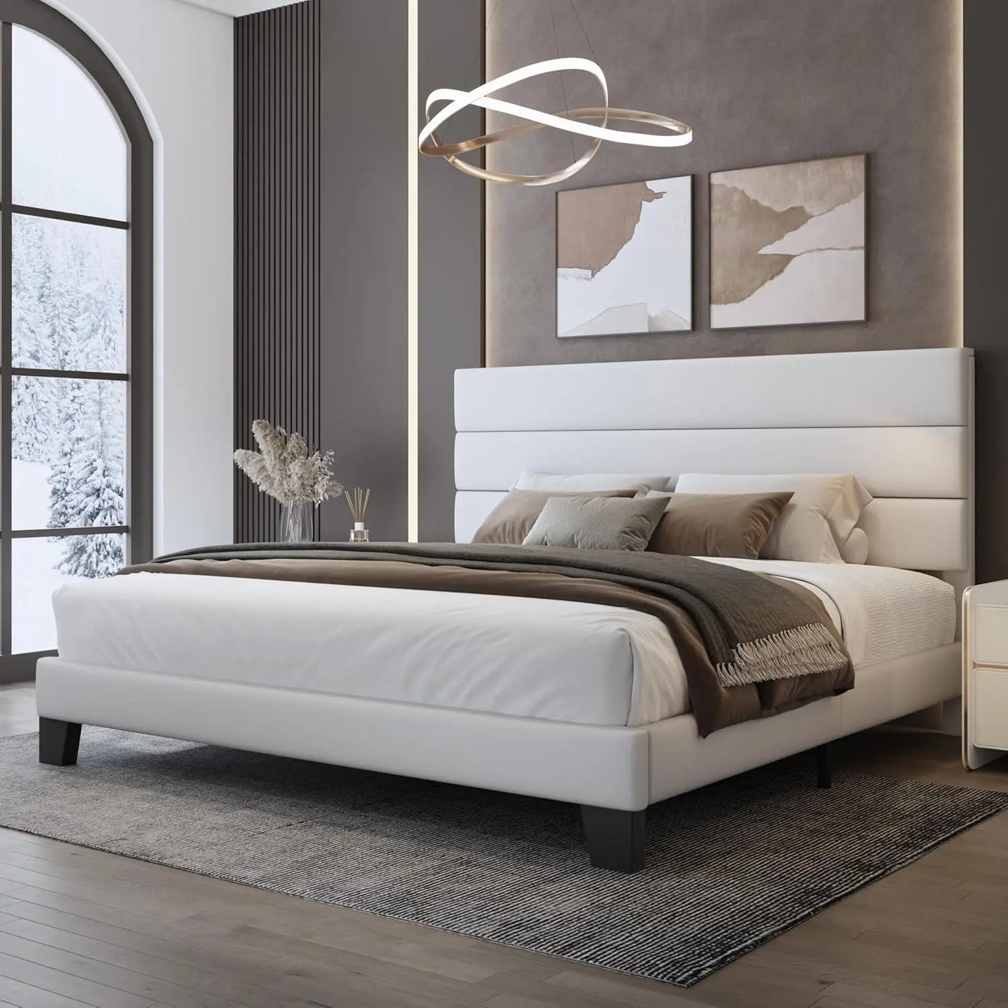 King Bed Frame Platform with Velvet Upholstered