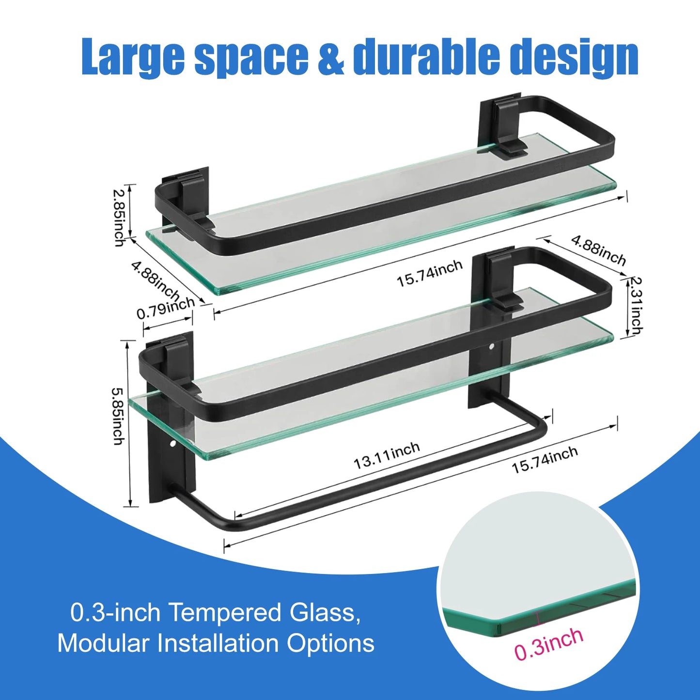 Glass Bathroom Shelf with Towel Bar 2-Tier
