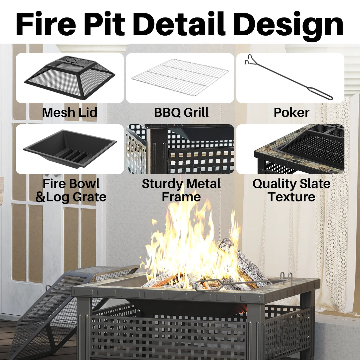 Outdoor Fireplace Table w/ Mesh Lid & Fire Poker