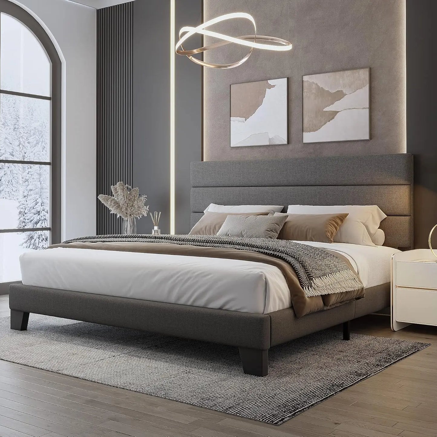King Bed Frame Platform with Velvet Upholstered