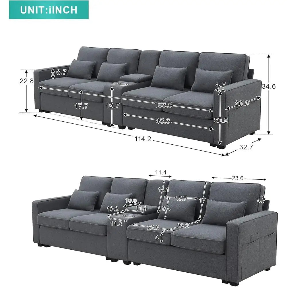 Sectional Modern Linen Couch with Console USB Ports