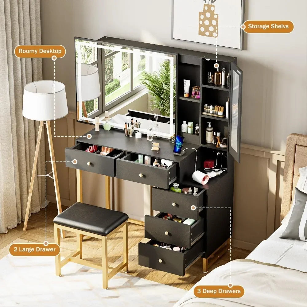 Black Vanity Desk with Mirror and Lights