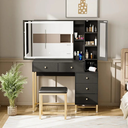 Black Vanity Desk with Mirror and Lights