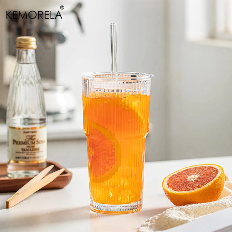 20 oz Ribbed Glass Tumblers with Lids and Straws