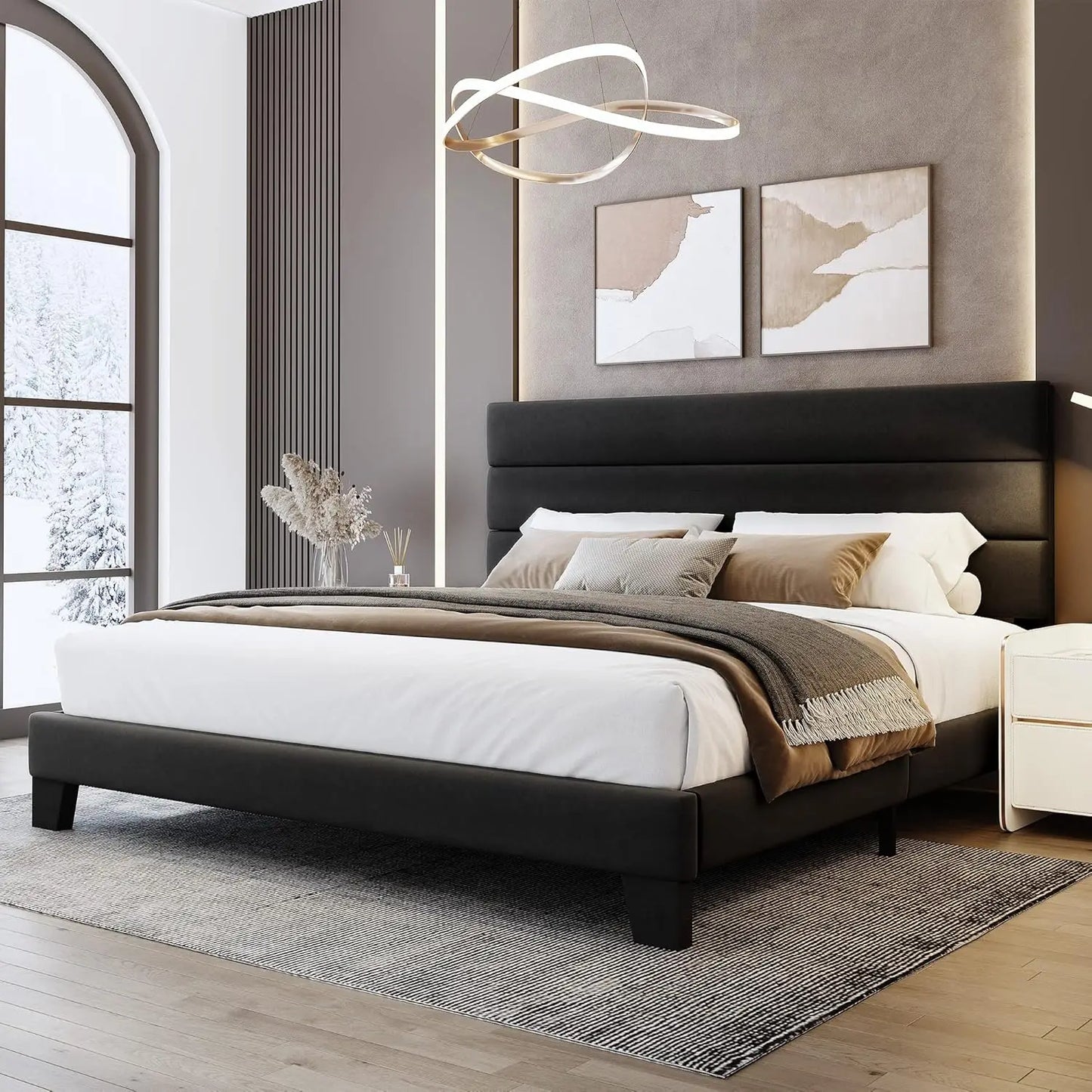King Bed Frame Platform with Velvet Upholstered