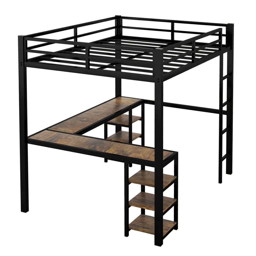 Full XL Metal Loft Bed with Desk and Shelves