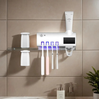 Wall mounted toothpaste dispenser with 4 toothbrush slots