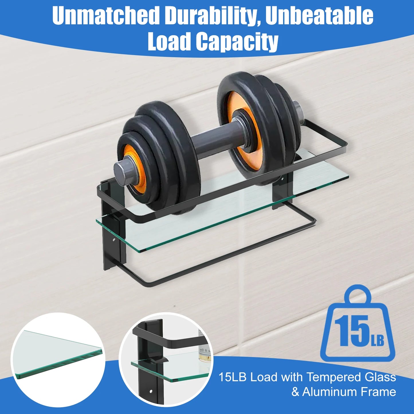 Glass Bathroom Shelf with Towel Bar 2-Tier