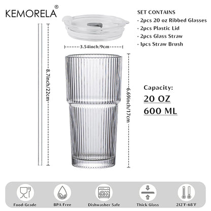 20 oz Ribbed Glass Tumblers with Lids and Straws