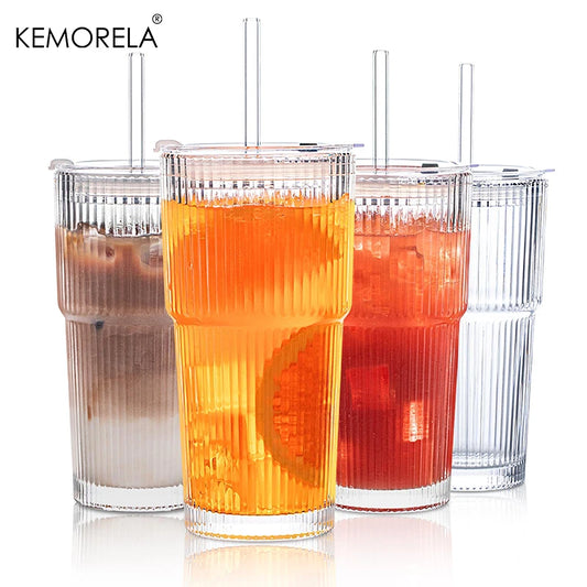 20 oz Ribbed Glass Tumblers with Lids and Straws