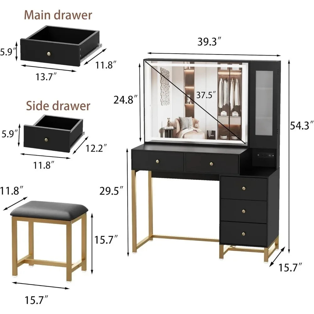 Black Vanity Desk with Mirror and Lights