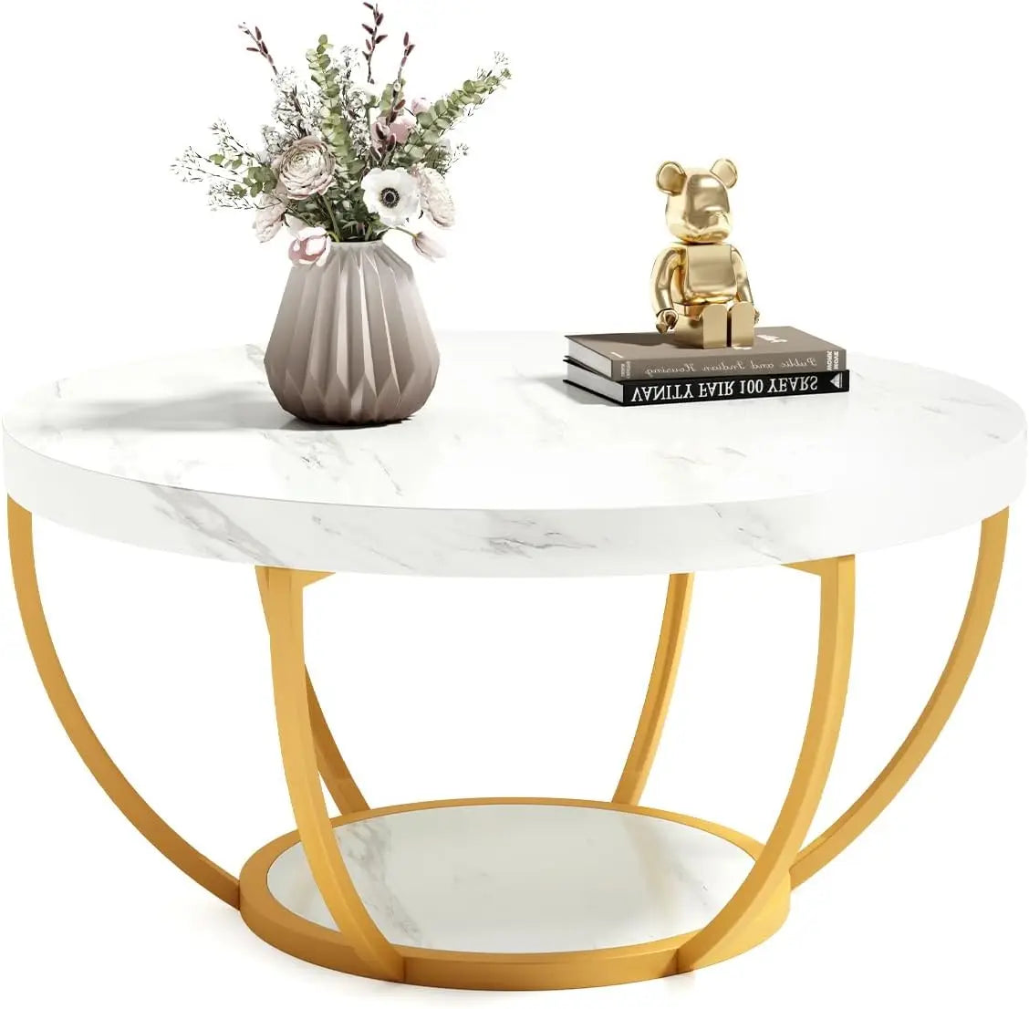 2-Tier Golden Metal Legs Accent Center Table