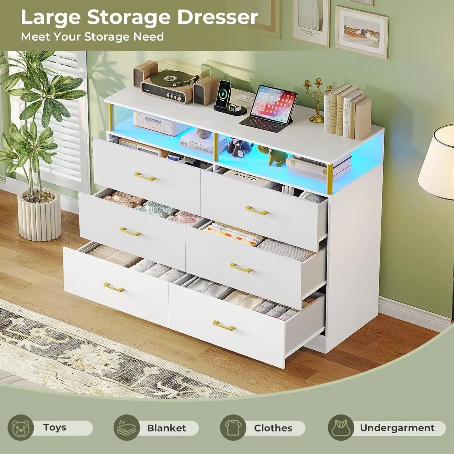 Dresser for Bedroom with charging station plus led light