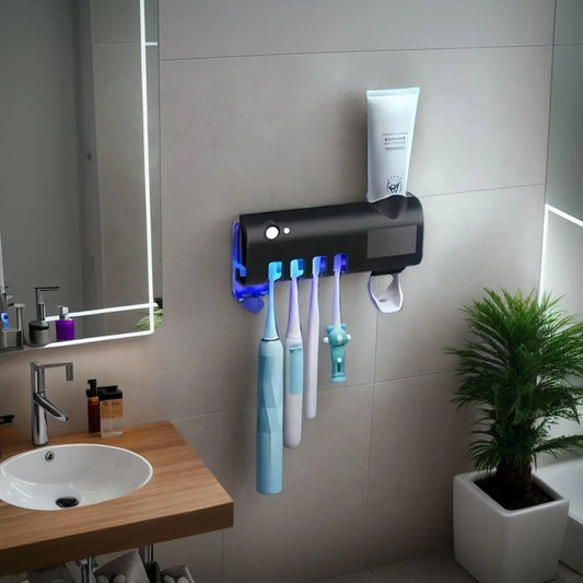 Wall mounted toothpaste dispenser with 4 toothbrush slots