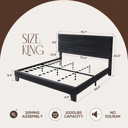 King Bed Frame Platform with Velvet Upholstered
