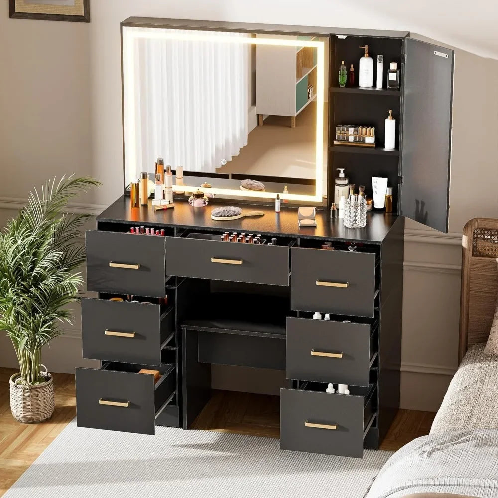 Black Vanity Desk with Mirror and Lights
