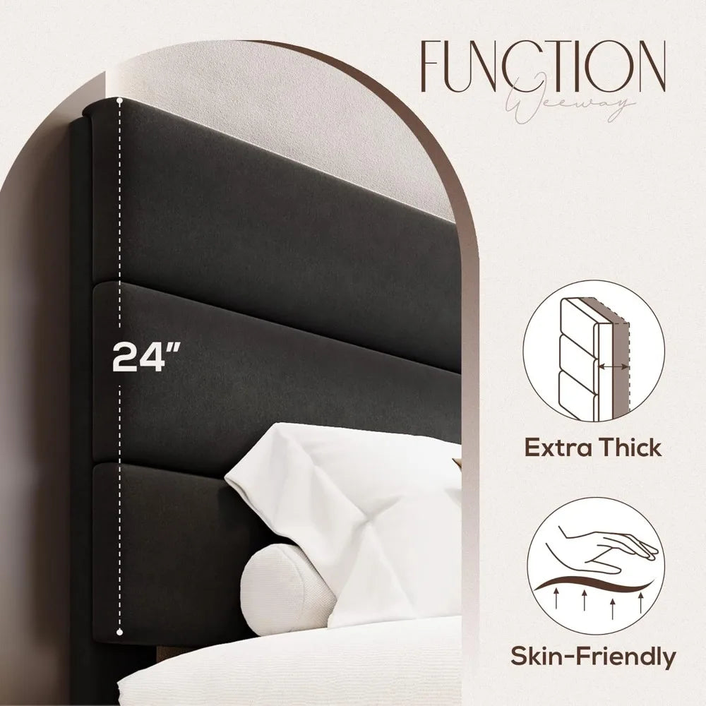 King Bed Frame Platform with Velvet Upholstered