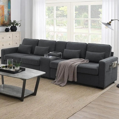 Sectional Modern Linen Couch with Console USB Ports
