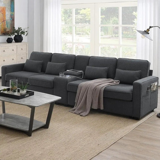 Sectional Modern Linen Couch with Console USB Ports
