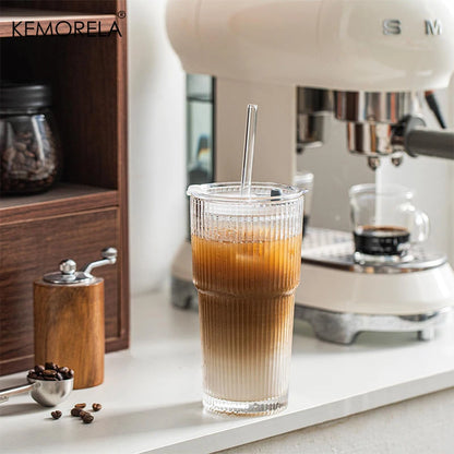 20 oz Ribbed Glass Tumblers with Lids and Straws