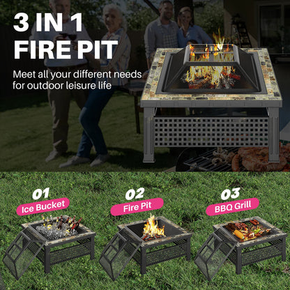 Outdoor Fireplace Table w/ Mesh Lid & Fire Poker