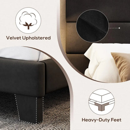 King Bed Frame Platform with Velvet Upholstered