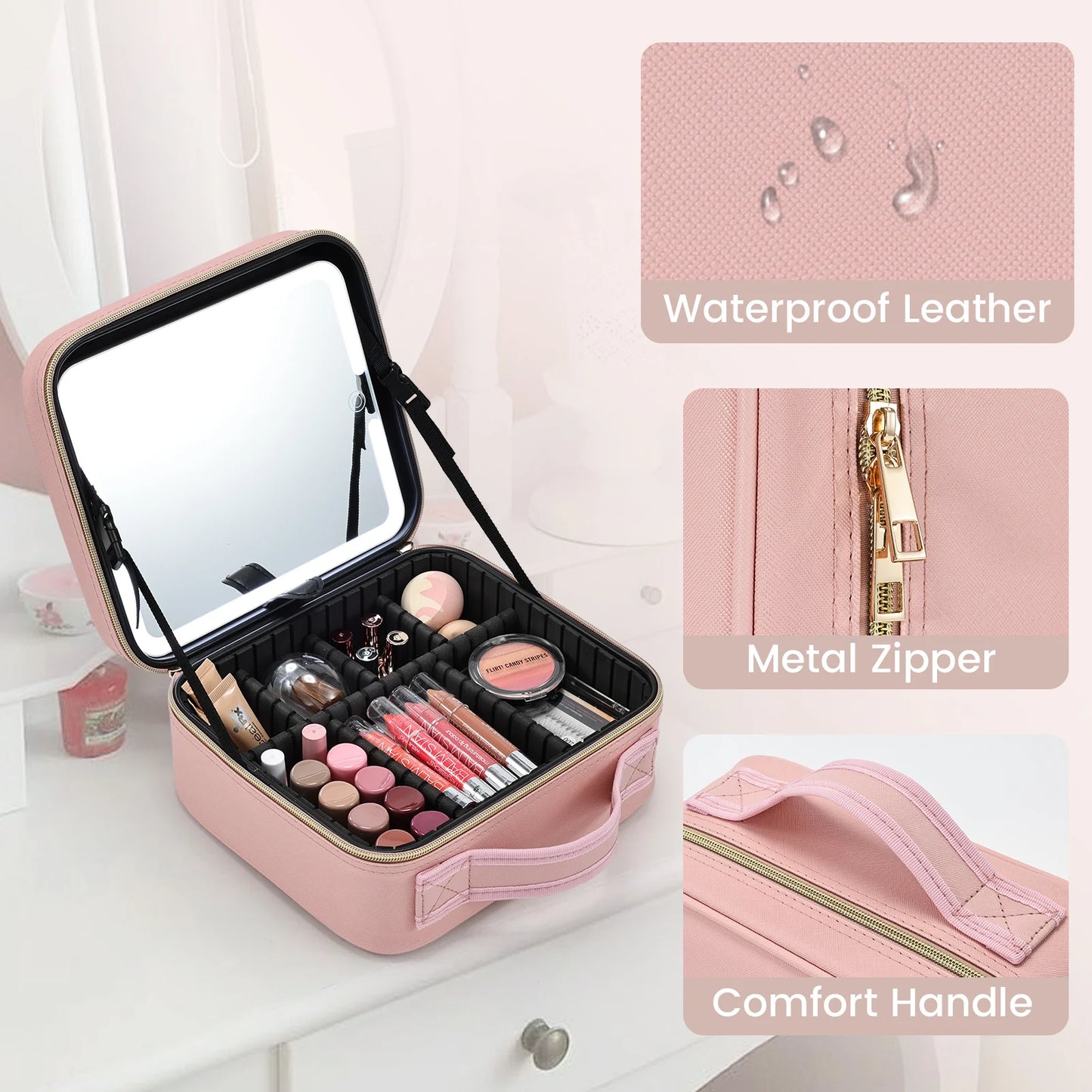 Makeup Bag With Led Mirror 3 Modes Lights