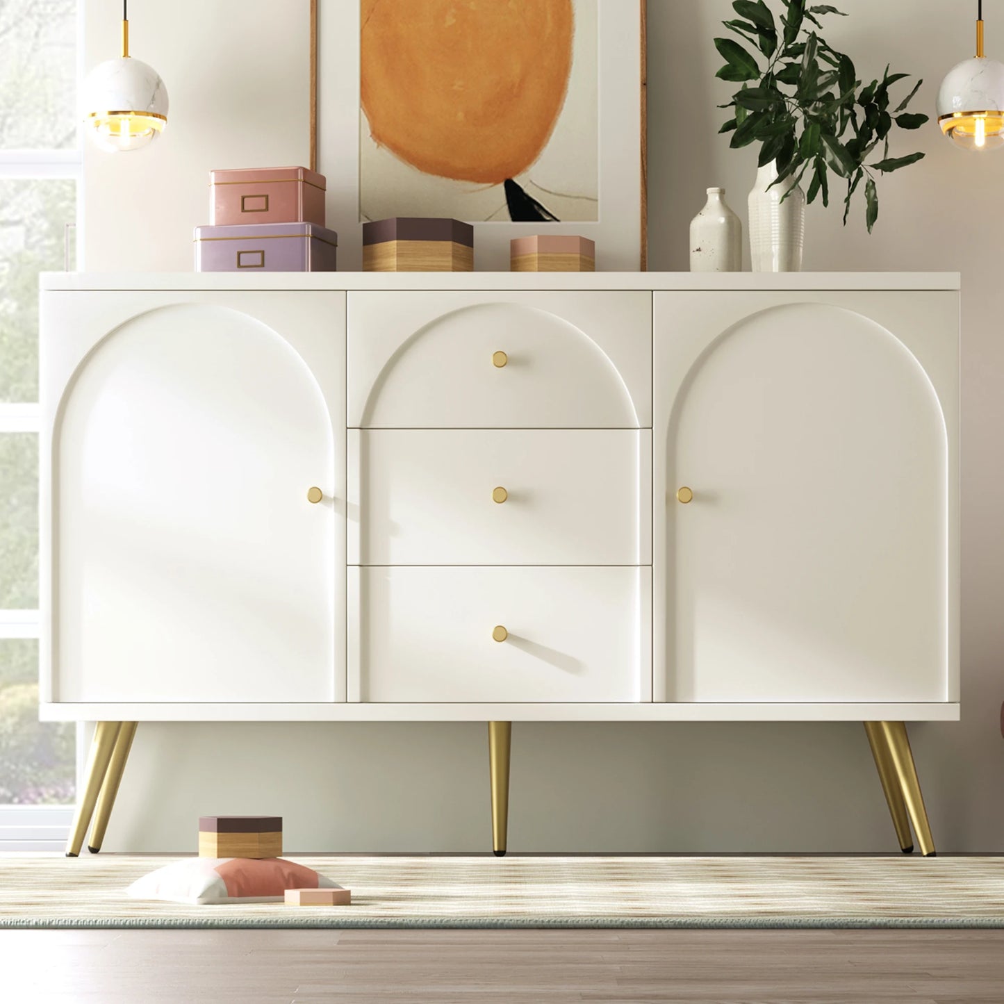 Modern metal foot two door dining cabinet