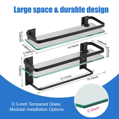 Glass Bathroom Shelf with Towel Bar 2-Tier