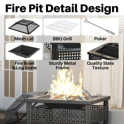 Outdoor Fireplace Table w/ Mesh Lid & Fire Poker
