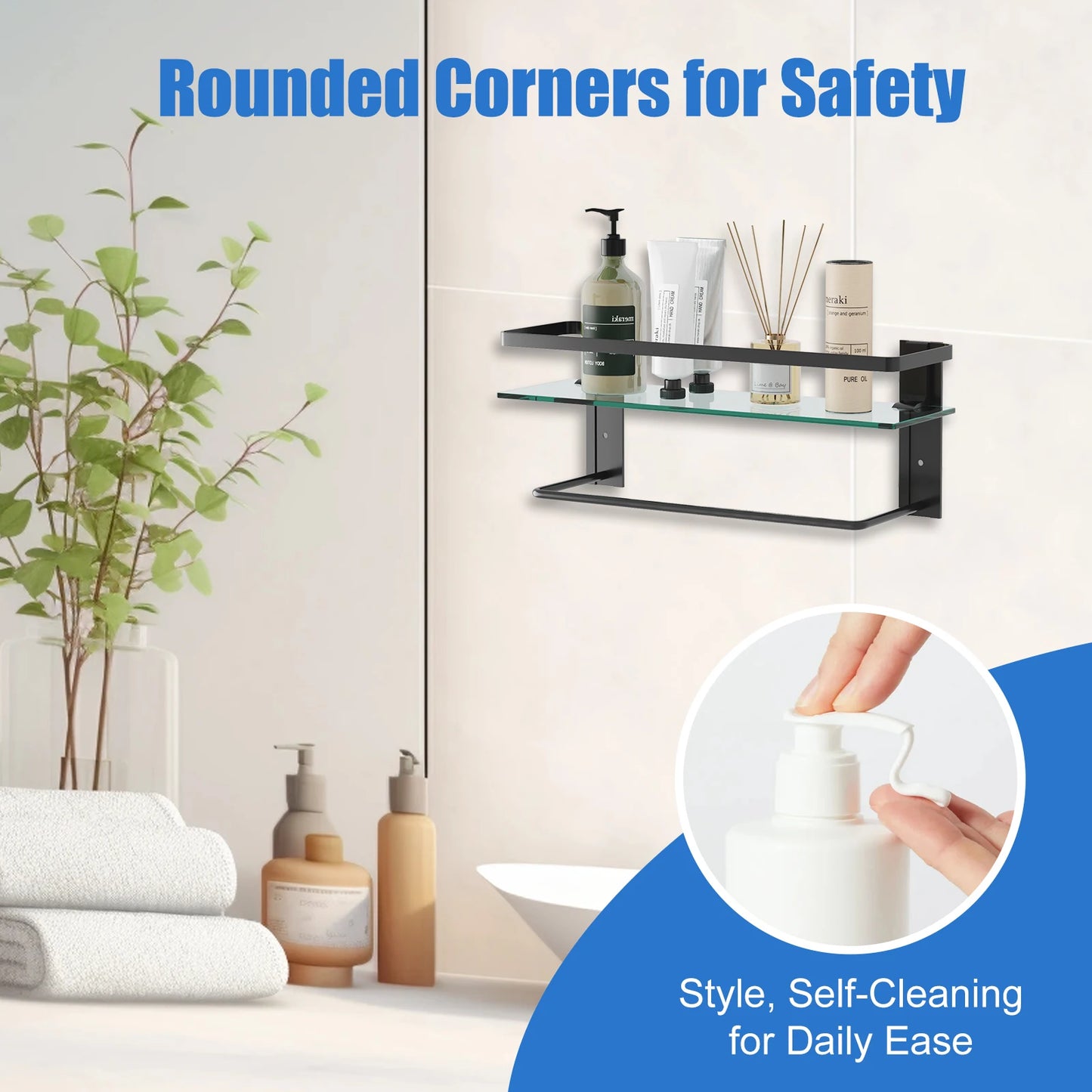 Glass Bathroom Shelf with Towel Bar 2-Tier