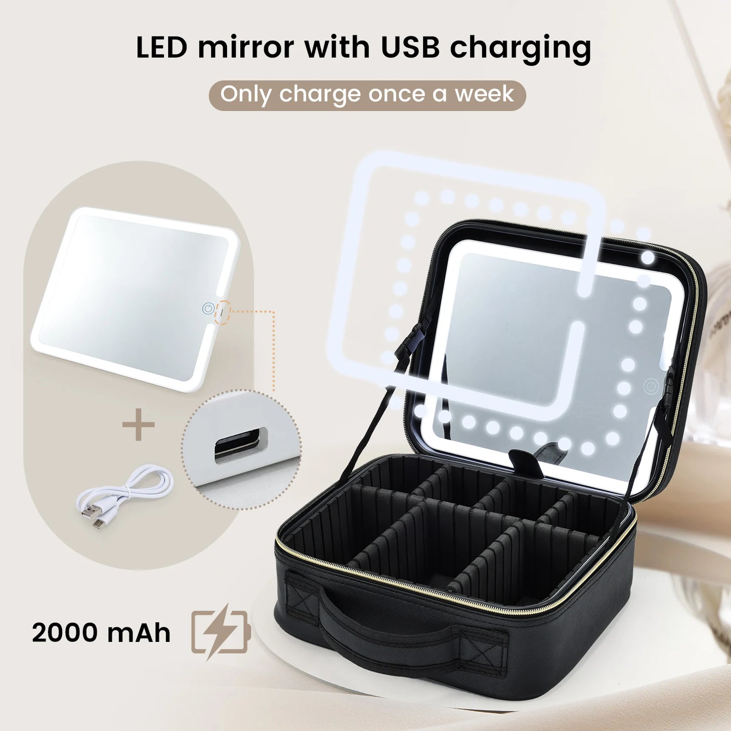 Makeup Bag With Led Mirror 3 Modes Lights