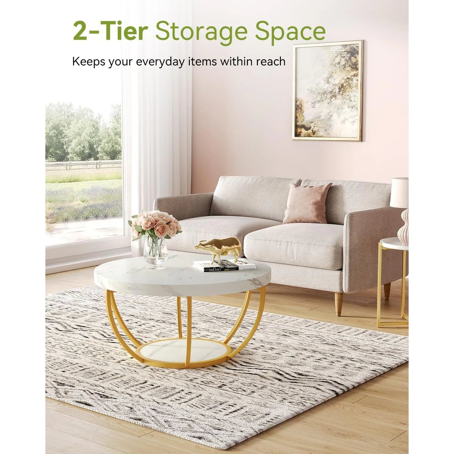 2-Tier Golden Metal Legs Accent Center Table