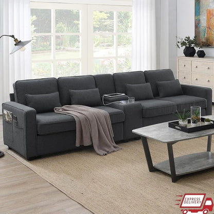 Sectional Modern Linen Couch with Console USB Ports