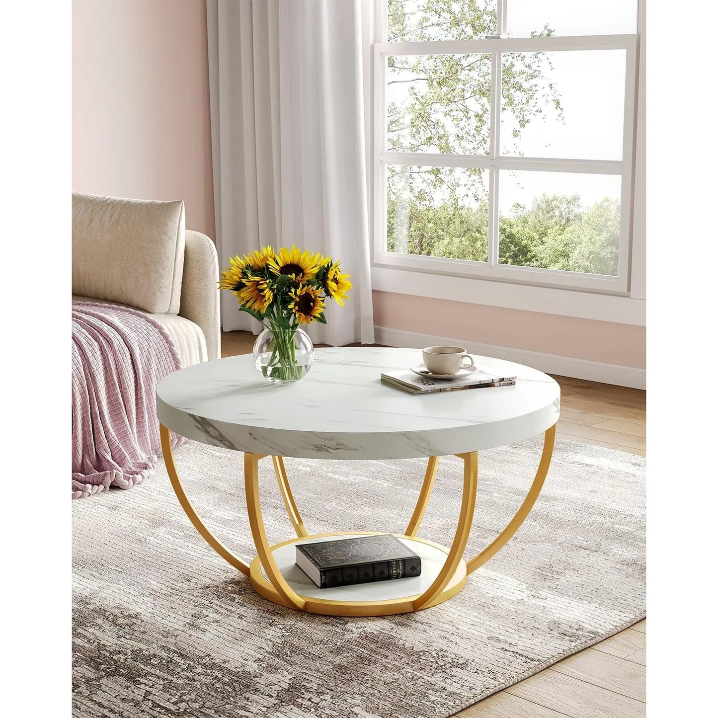 2-Tier Golden Metal Legs Accent Center Table