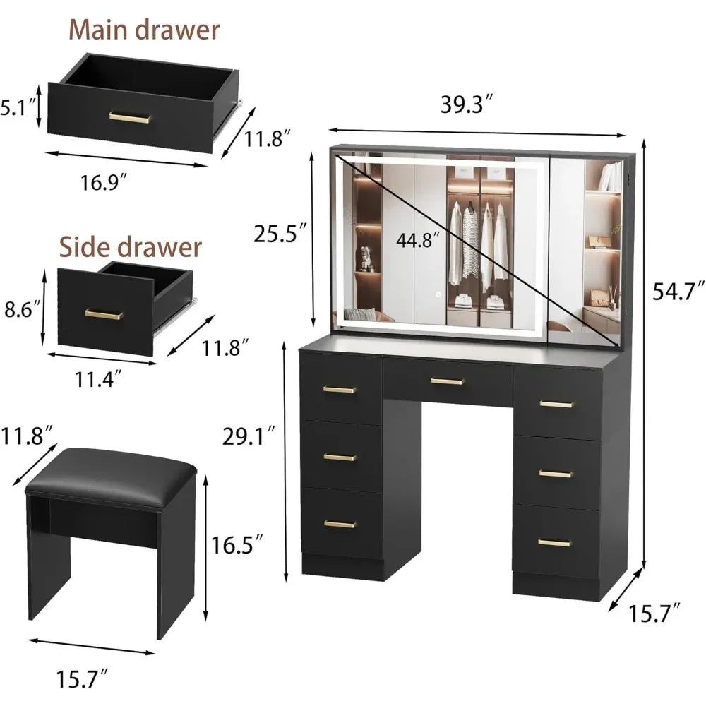 Black Vanity Desk with Mirror and Lights