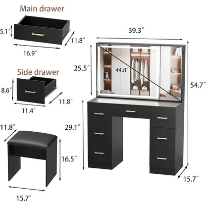 Black Vanity Desk with Mirror and Lights
