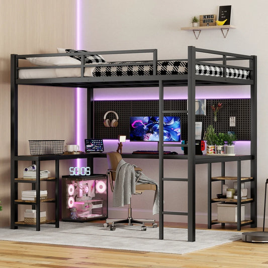 Full XL Metal Loft Bed with Desk and Shelves