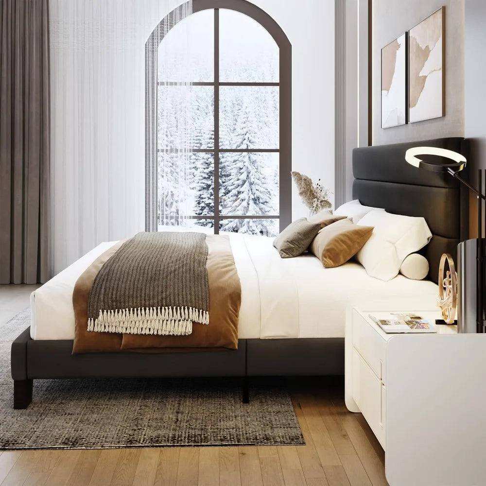 King Bed Frame Platform with Velvet Upholstered