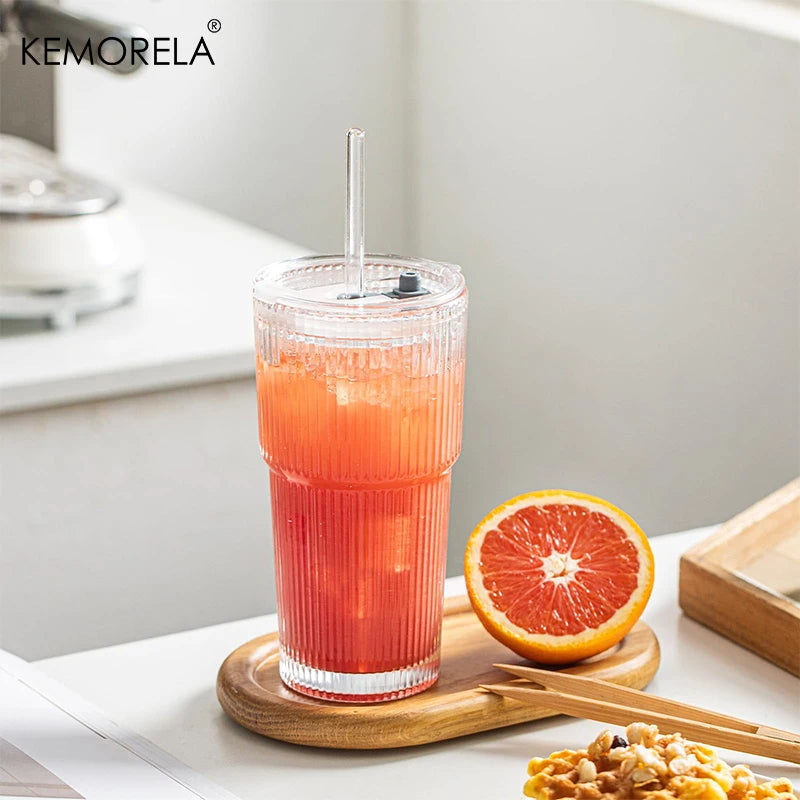 20 oz Ribbed Glass Tumblers with Lids and Straws