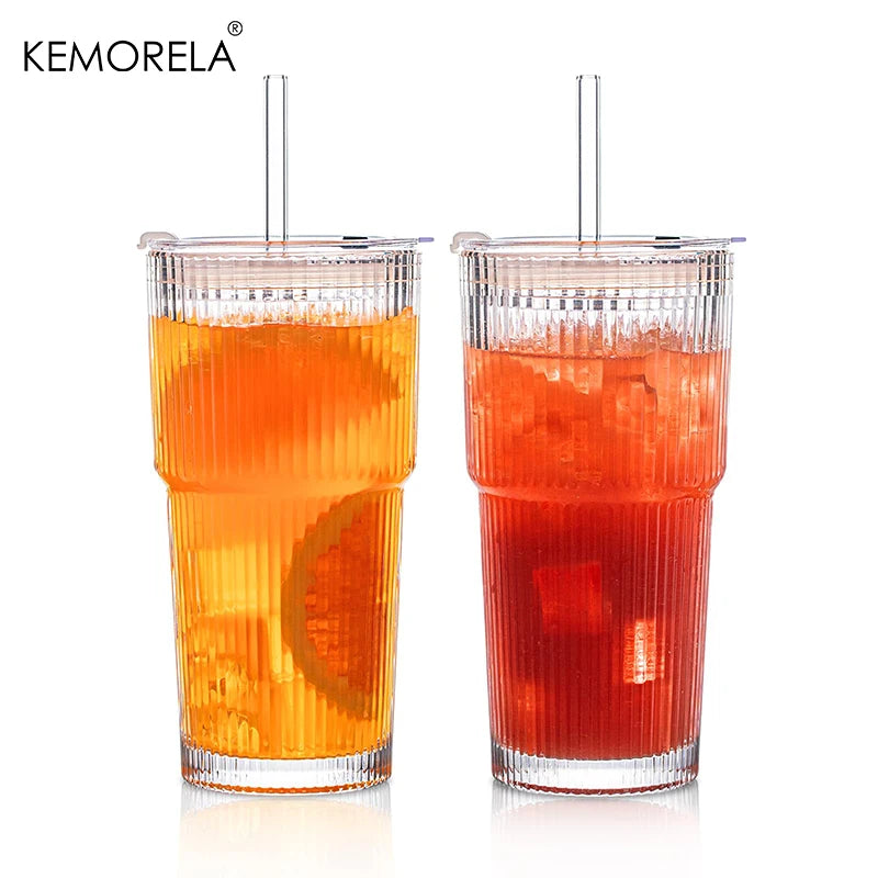 20 oz Ribbed Glass Tumblers with Lids and Straws
