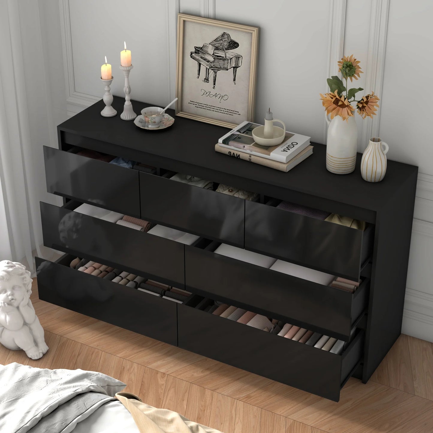 55 Inch Modern Dresser with High Gloss Drawers