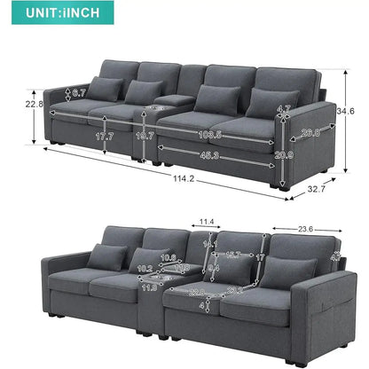 Sectional Modern Linen Couch with Console USB Ports