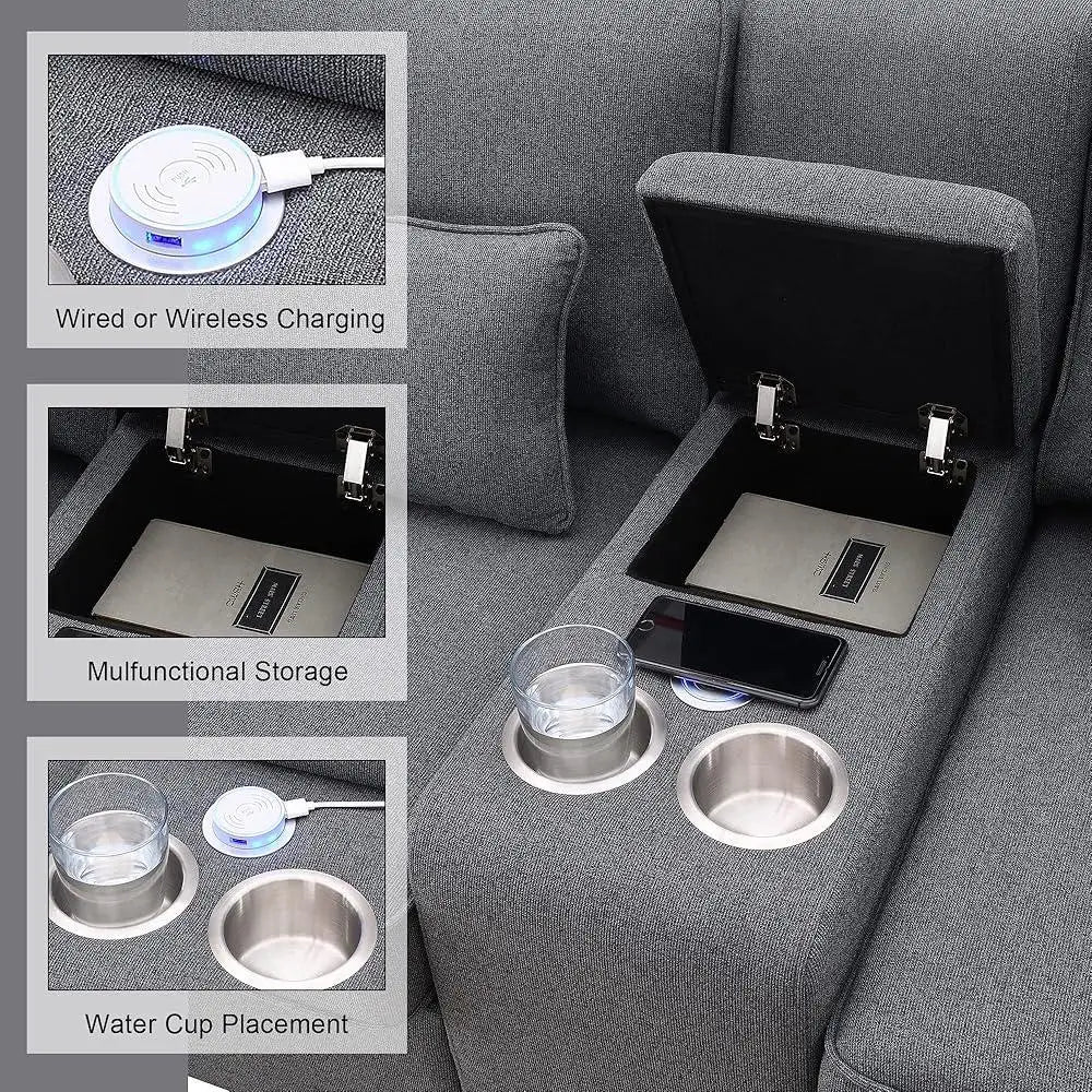 Sectional Modern Linen Couch with Console USB Ports
