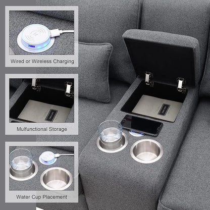 Sectional Modern Linen Couch with Console USB Ports