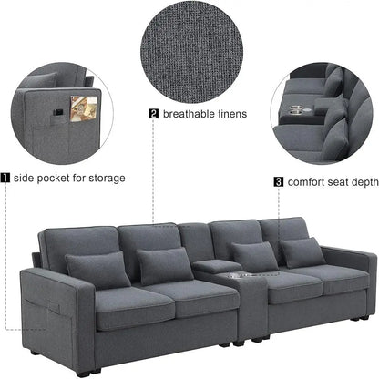 Sectional Modern Linen Couch with Console USB Ports