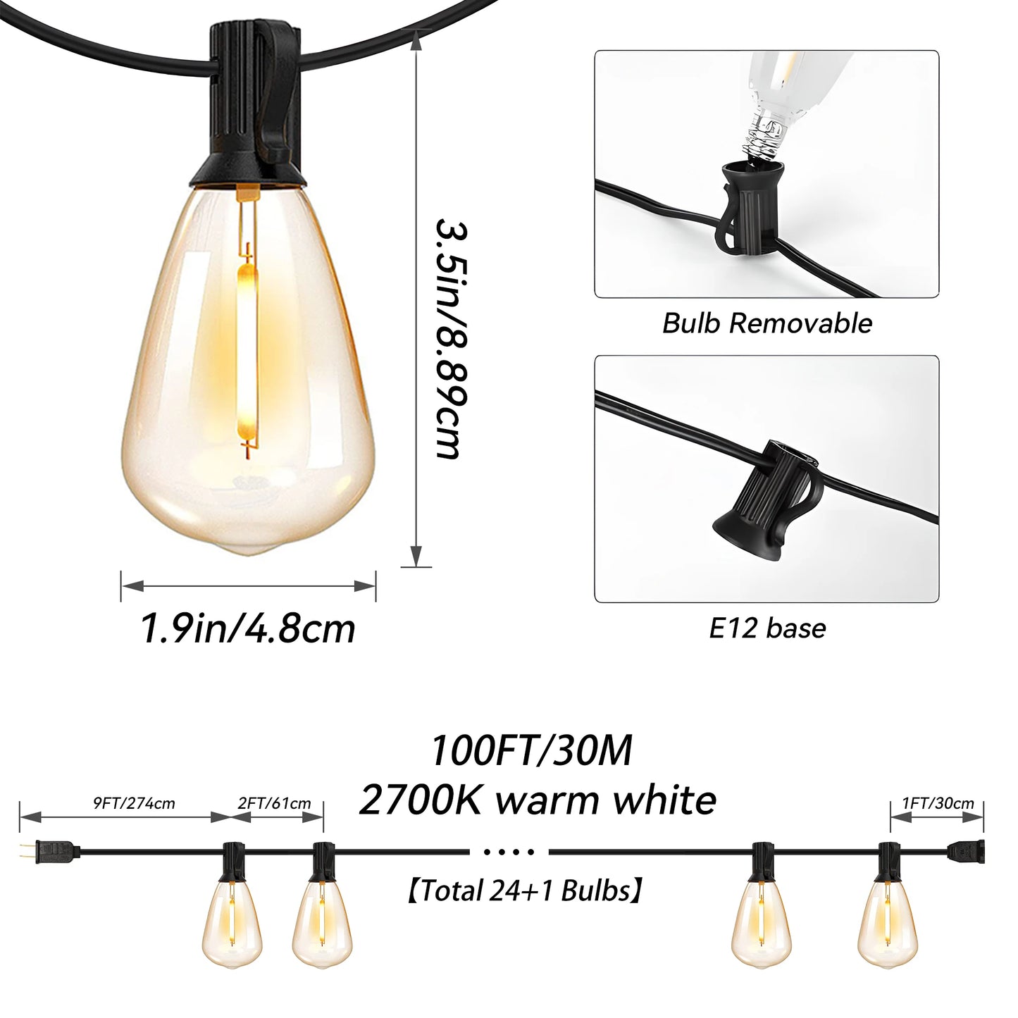 Outdoor String Lights Waterproof with Vintage Bulbs